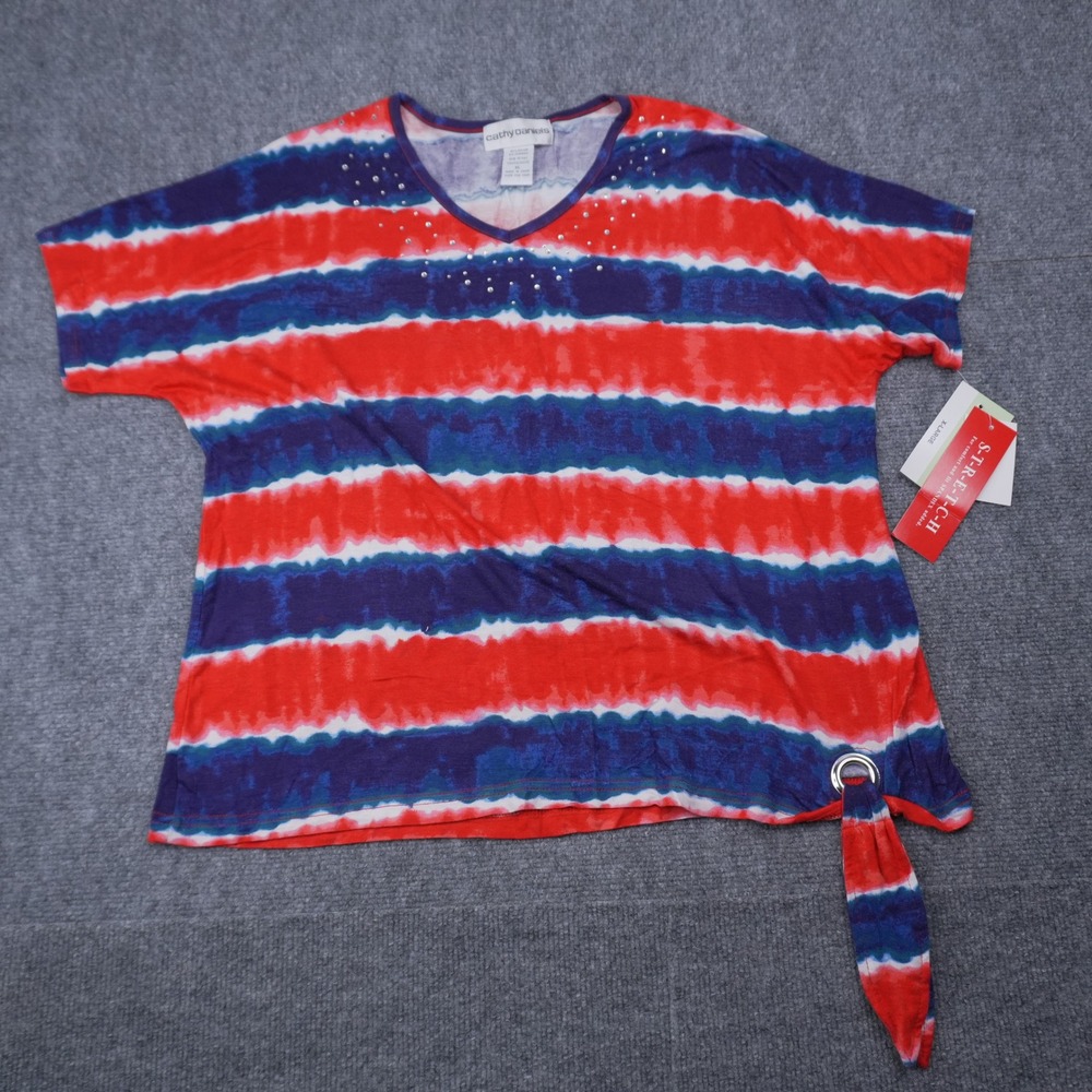 Cathy Daniels Top Women XL Red Blue Tie Dye Stripe Rhinestone Side‎ Tie V-Neck